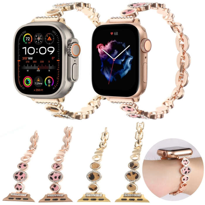 For Apple Watch 38mm Leopard Rhinestones Metal Chain Watch Band(Rose Gold)