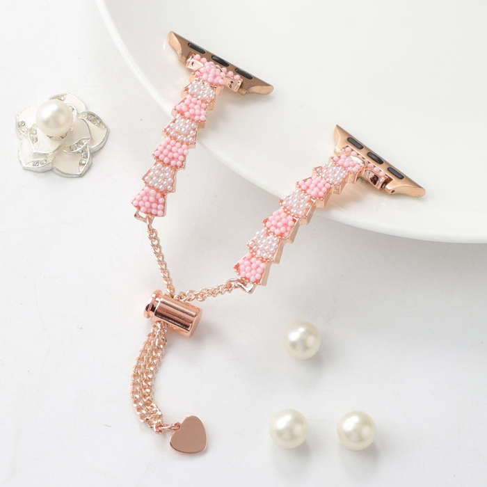 For Apple Watch Series 7 41mm Shell Beads Chain Bracelet Metal Watch Band(Pink White Rose Gold)