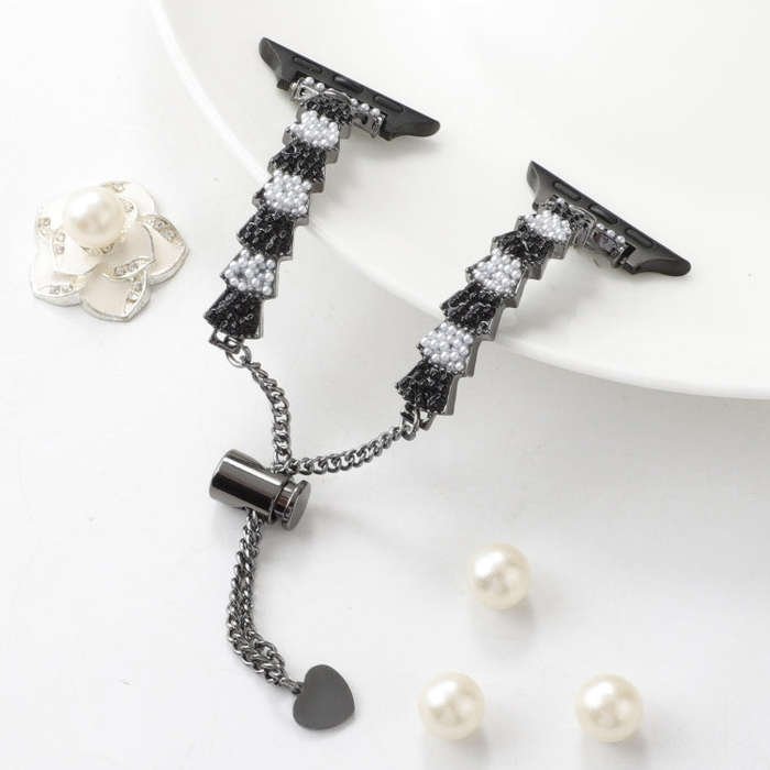 For Apple Watch Series 6 44mm Shell Beads Chain Bracelet Metal Watch Band(Black White)