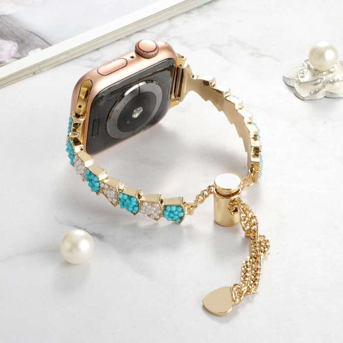 For Apple Watch Series 6 44mm Shell Beads Chain Bracelet Metal Watch Band(Blue White Gold)