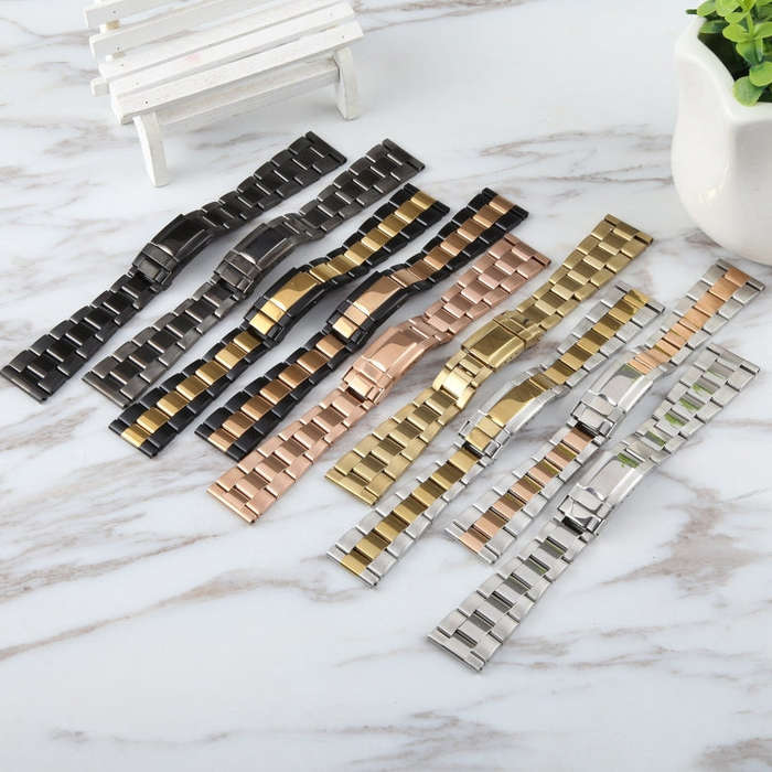 22mm Universal Three-Bead Stainless Steel Watch Band(Black Gold)