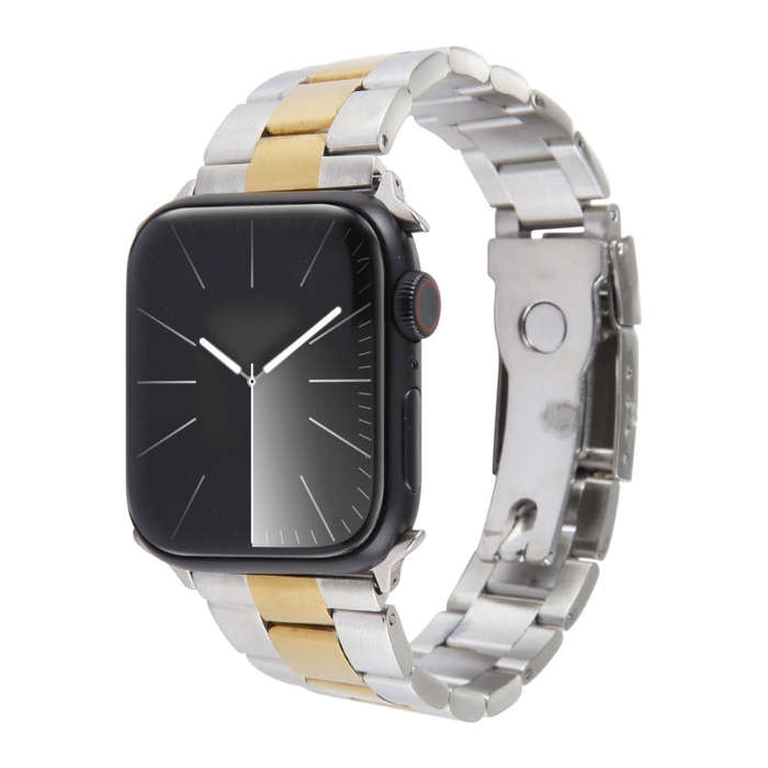 For Apple Watch Series 3 38mm Three-Bead Stainless Steel Watch Band(Silver Gold)