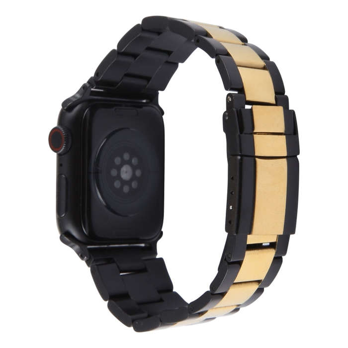 For Apple Watch 38mm Three-Bead Stainless Steel Watch Band(Black Gold)