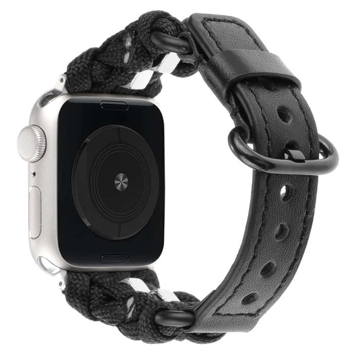 For Apple Watch Ultra 2 49mm Paracord Genuine Leather Watch Band(Black)