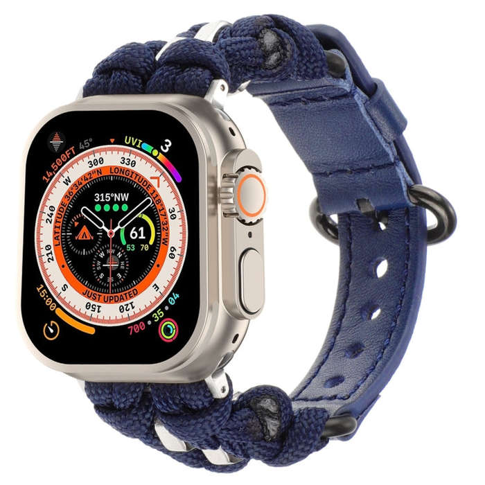 For Apple Watch Ultra 49mm Paracord Genuine Leather Watch Band(Royal Blue)