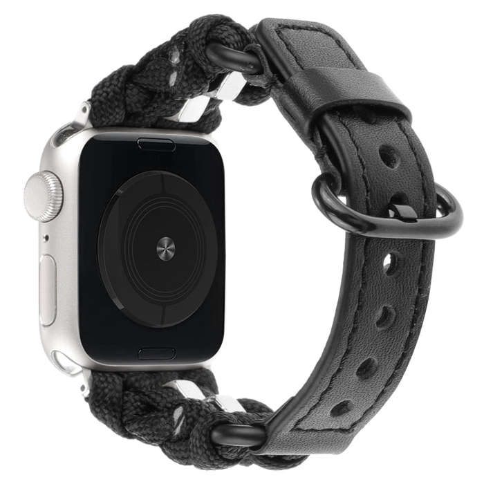 For Apple Watch Series 3 42mm Paracord Genuine Leather Watch Band(Black)