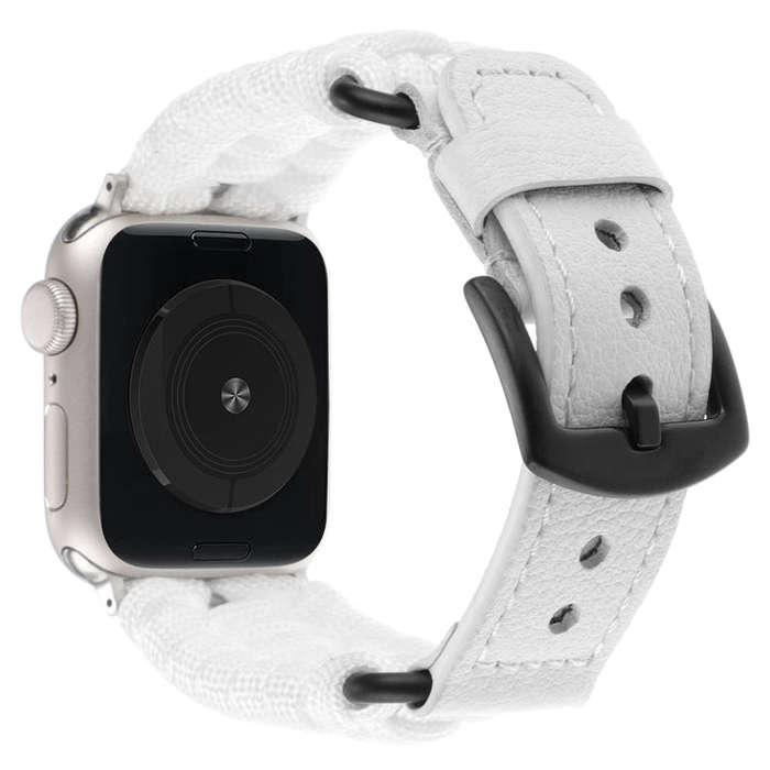 For Apple Watch SE 2023 44mm Plain Paracord Genuine Leather Watch Band(White)