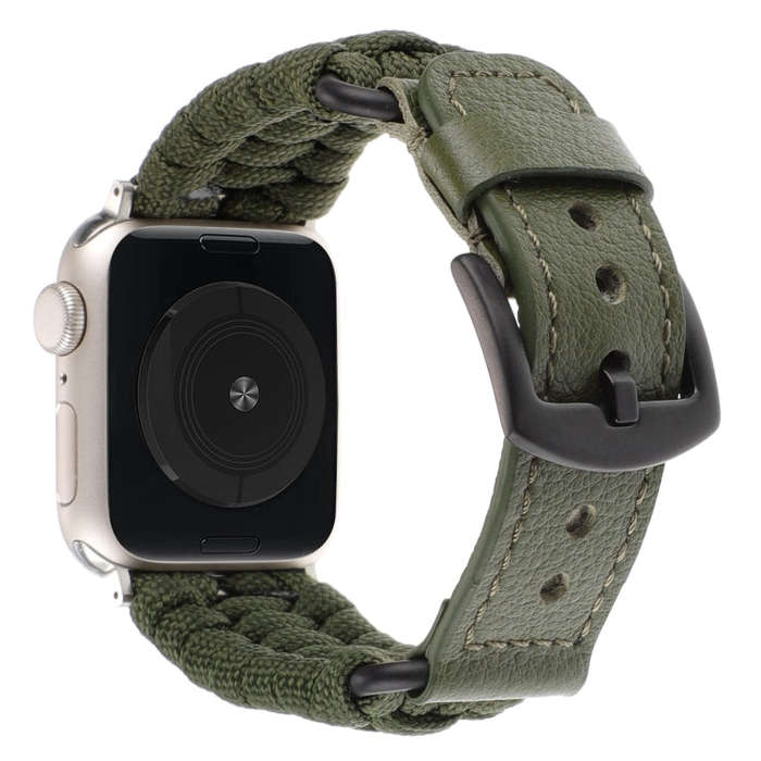 For Apple Watch Series 9 41mm Plain Paracord Genuine Leather Watch Band(Army Green)