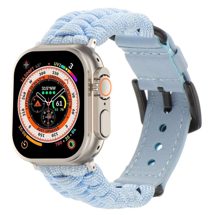 For Apple Watch Ultra 49mm Plain Paracord Genuine Leather Watch Band(Baby Blue)