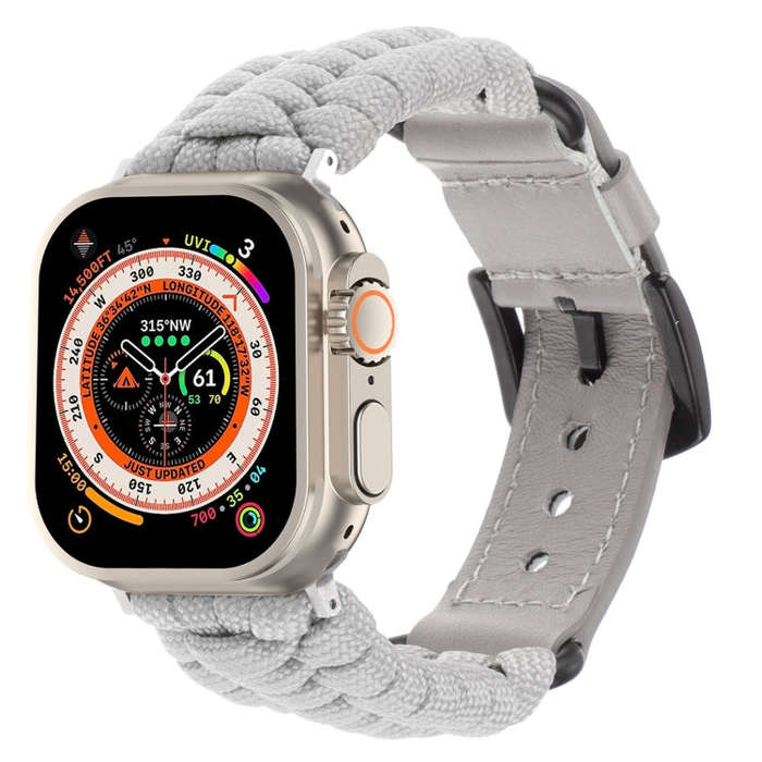 For Apple Watch Ultra 49mm Plain Paracord Genuine Leather Watch Band(Grey)
