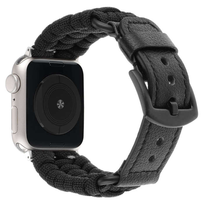 For Apple Watch Series 6 44mm Plain Paracord Genuine Leather Watch Band(Black)