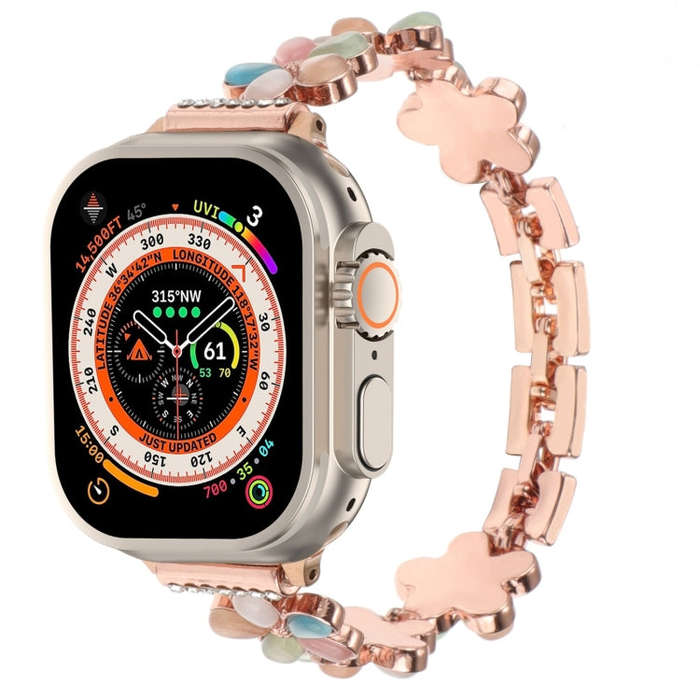 For Apple Watch Ultra 49mm 5-petaled Flower Zinc Alloy Chain Watch Band(Rose Gold Colorful)