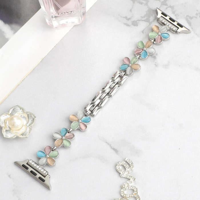 For Apple Watch Series 5 44mm 5-petaled Flower Zinc Alloy Chain Watch Band(Silver Colorful)
