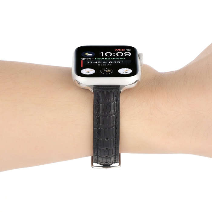 For Apple Watch SE 44mm Slim Crocodile Leather Watch Band(Black)