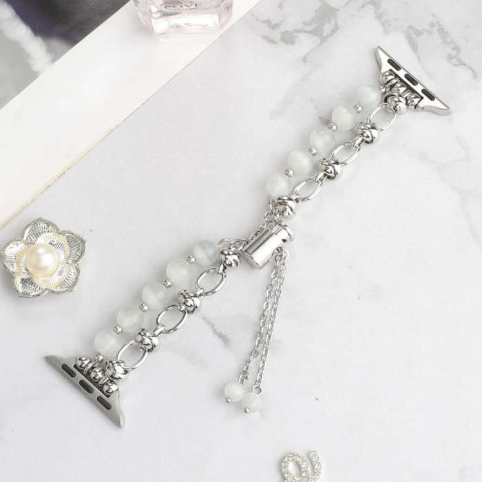 For Apple Watch SE 2022 40mm Pearl Chain Metal Bracelet Watch Band(White Silver)
