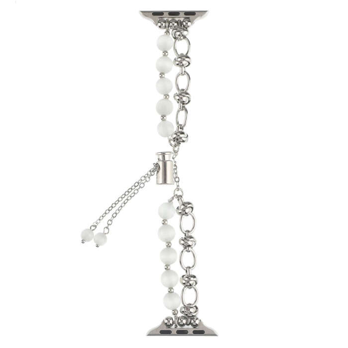 For Apple Watch SE 2022 44mm Pearl Chain Metal Bracelet Watch Band(White Silver)