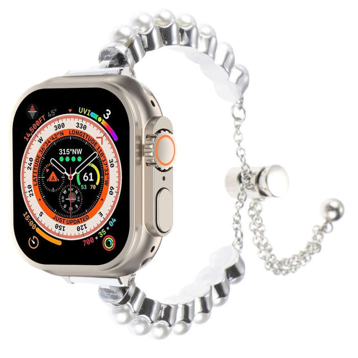 For Apple Watch Ultra 49mm Pearl Bracelet Metal Watch Band(Silver)