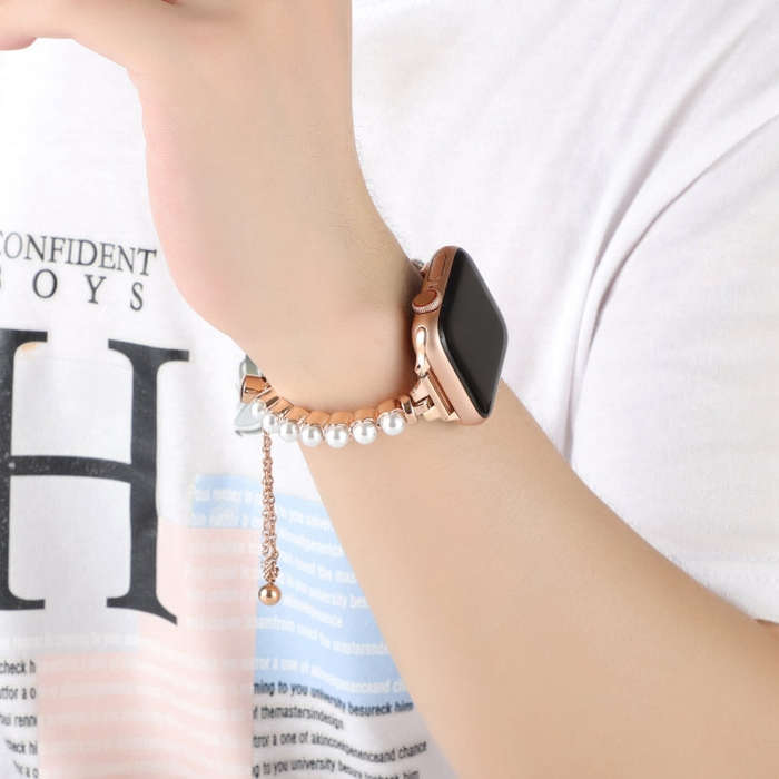 For Apple Watch SE 40mm Pearl Bracelet Metal Watch Band(Rose Gold)