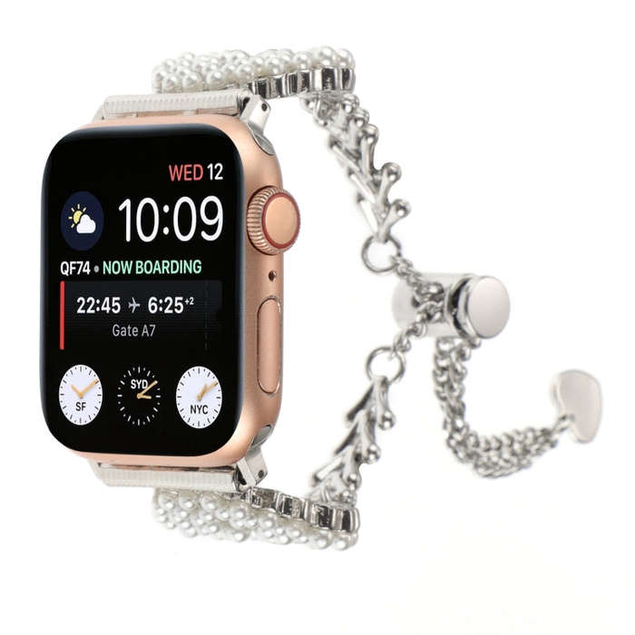 For Apple Watch Series 9 41mm Pearl Round Zinc Alloy Chain Metal Watch Band(Silver)