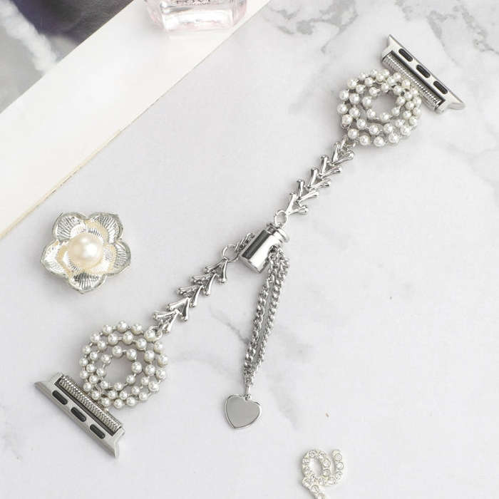 For Apple Watch Series 5 44mm Pearl Round Zinc Alloy Chain Metal Watch Band(Silver)