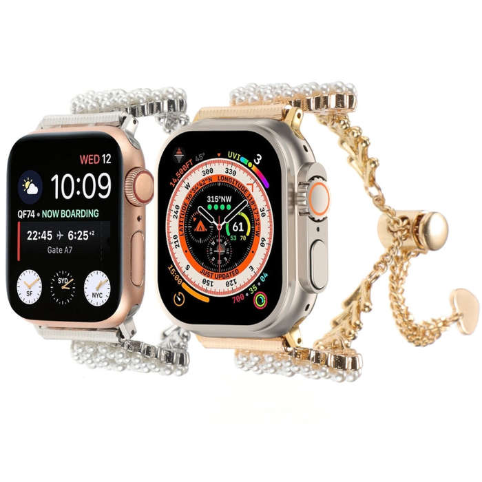 For Apple Watch Series 9 45mm Pearl Round Zinc Alloy Chain Metal Watch Band(Gold)