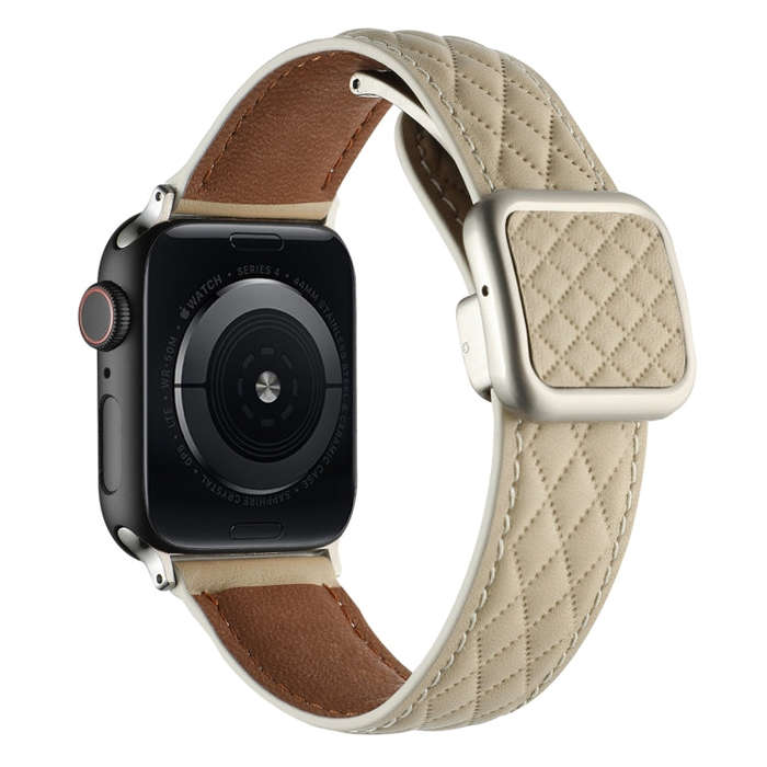 For Apple Watch SE 2023 40mm Rhombus Pattern Magnetic Square Buckle Leather Watch Band(Starlight ...