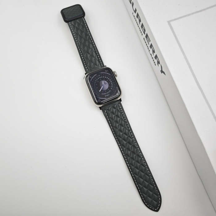For Apple Watch SE 2022 44mm Rhombus Pattern Magnetic Square Buckle Leather Watch Band(Dark Green)