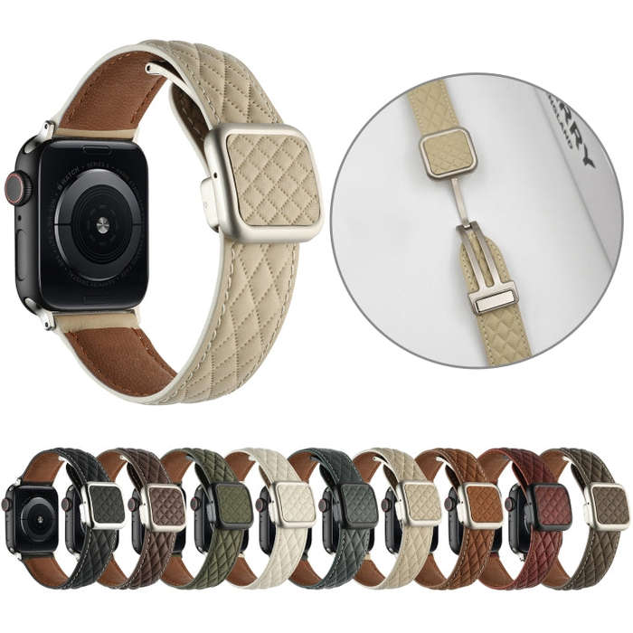 For Apple Watch Series 3 42mm Rhombus Pattern Magnetic Square Buckle Leather Watch Band(Army Green)