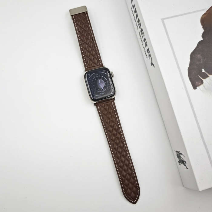 For Apple Watch Series 3 42mm Rhombus Pattern Magnetic Folding Buckle Leather Watch Band(Dark Cof...