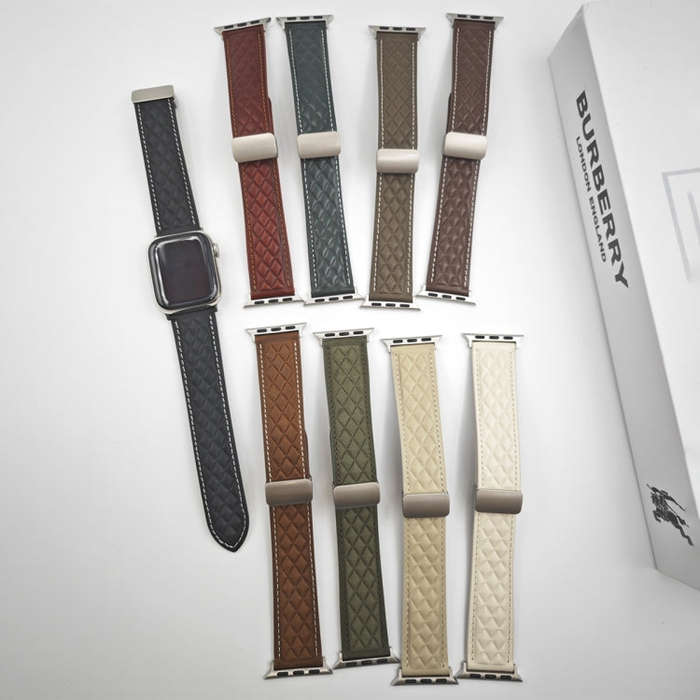 For Apple Watch Series 3 42mm Rhombus Pattern Magnetic Folding Buckle Leather Watch Band(Dark Cof...