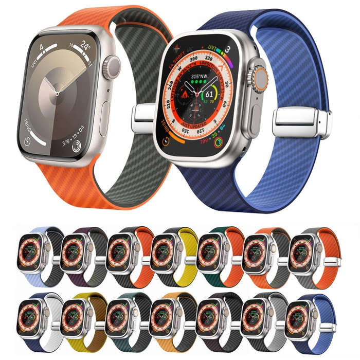 For Apple Watch Series 5 44mm Carbon Fiber Magnetic Silver Buckle Watch Band(Dark Brown Black)