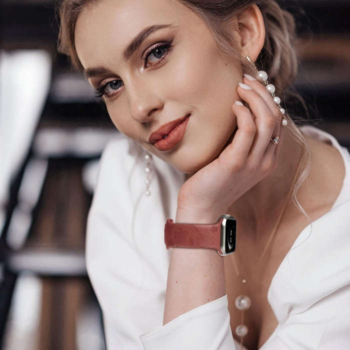 For Apple Watch SE 40mm Butterfly Flower Embossed Silicone Watch Band(Brick Red)