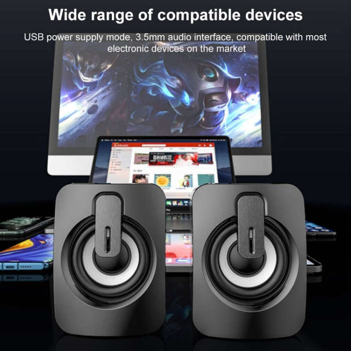 A2 USB 2.0 Wire-controlled Illuminated Mobile Phone Computer Mini Desktop Speaker(Black)