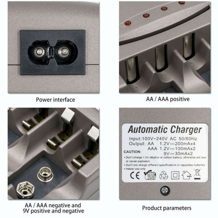 AC 100-240V 4 Slot Battery Charger for AA & AAA & 9V Ni-MH Battery, EU Plug