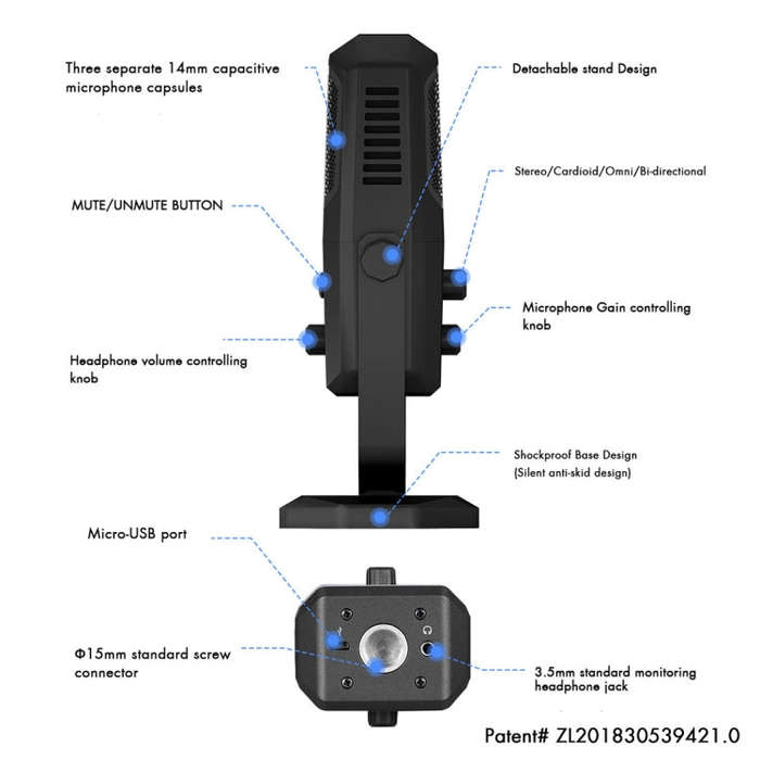 Yanmai SF-900 Multi-function Four Directivity Studio Recording Condenser Microphone with Desktop ...