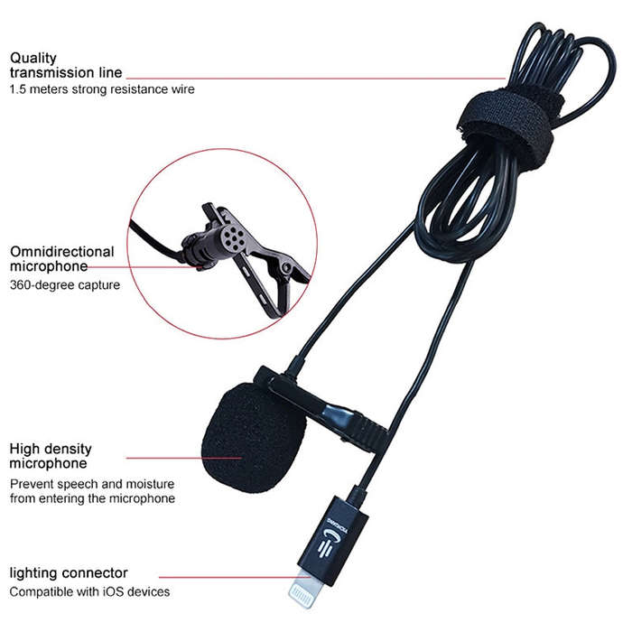 YICHUANG YC-LM10II 8 Pin Port Intelligent Noise Reduction Condenser Lavalier Microphone, Cable Le...