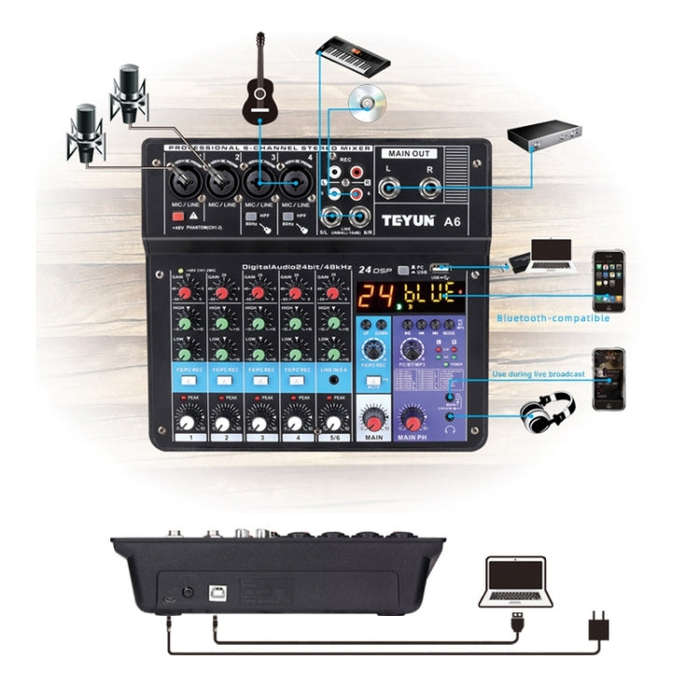 TEYUN NA6 6-channel Small Mixing Console Mobile Phone Sound Card Live Broadcast Computer Recordin...