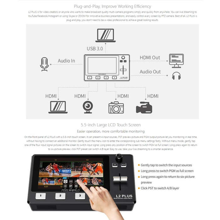 FEELWORLD L2 Plus Multi-camera Video Mixer Switcher with 5.5 inch Screen(UK Plug)