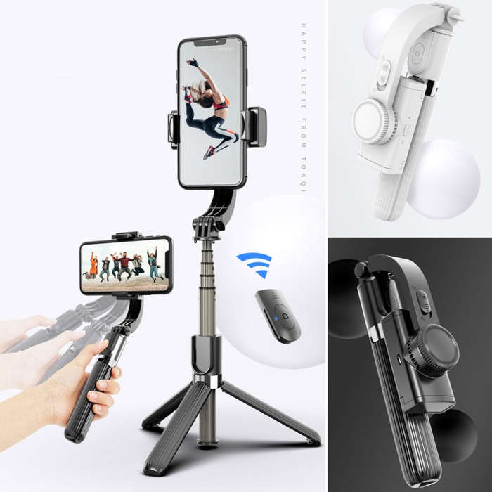 L08 Adjustable Gimbal Stabilize Bluetooth Self-timer Pole Tripod Selfie Stick (Black)