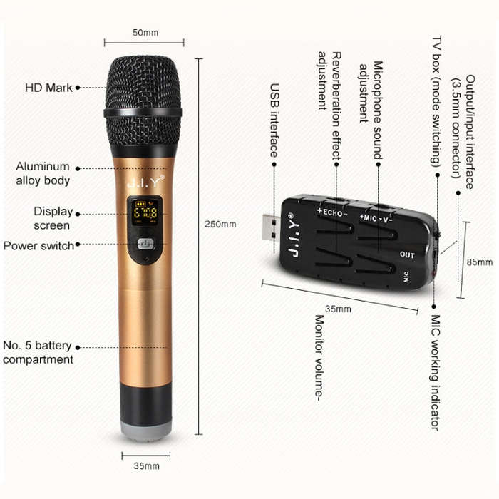 J.I.Y 2 in 1 K Song Wireless Microphones for TV PC with Audio Card USB Receiver and LED Display (...