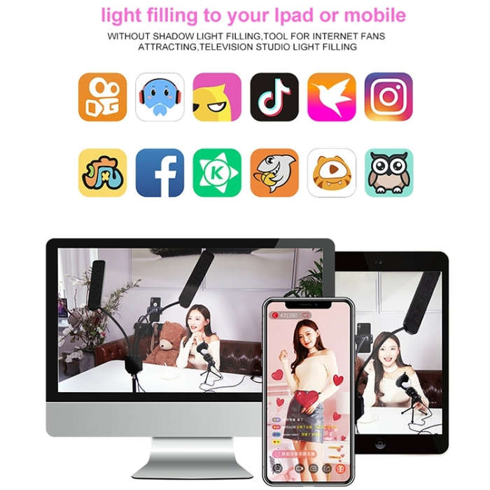 RK39 Portable Tri-color Adjustable Brightness Double Arms Fill Light with Phone Clip(Black)