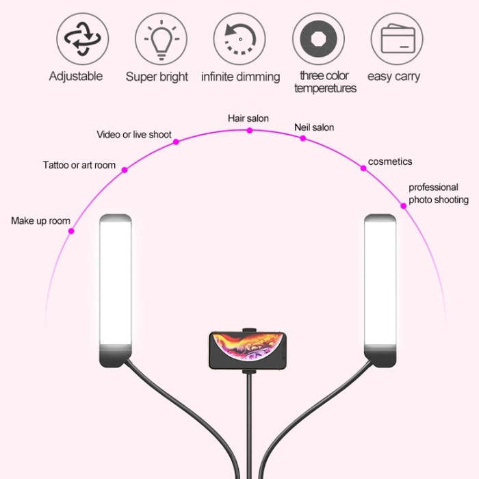 RK39 Portable Tri-color Adjustable Brightness Double Arms Fill Light with Phone Clip(Black)