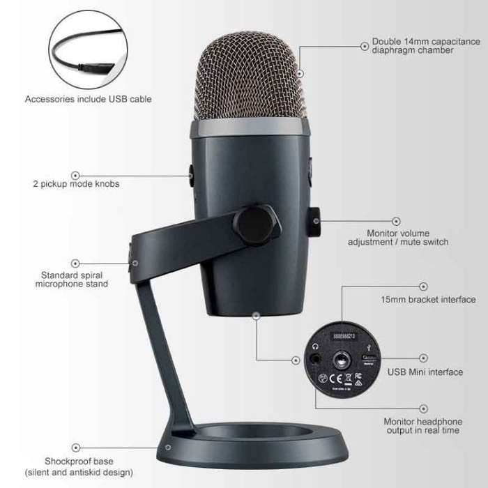 Logitech Blue Yeti Nano Condenser Digital USB Live Broadcast Microphone (Grey)