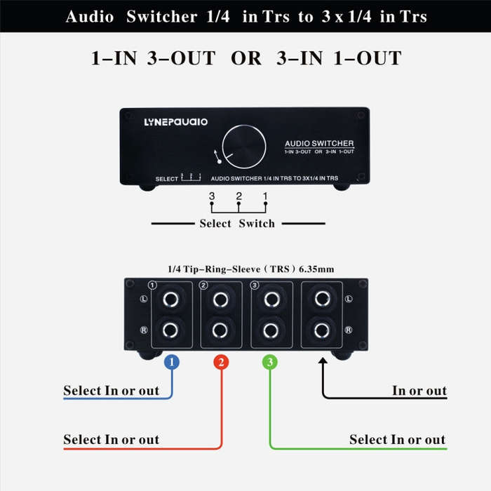 B833 Passive Speaker Stereo Switch Loudspeaker,  1 Input and 3 Output or 3 Input and 1 Output (Bl...
