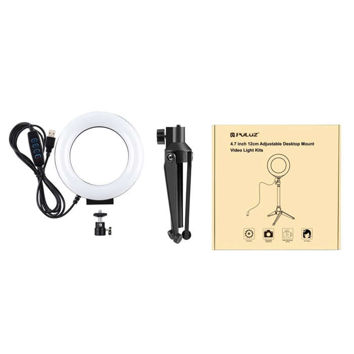 PULUZ 4.7 inch 12cm USB 3 Modes Dimmable LED Ring Vlogging Photography Video Lights + Desktop Tri...