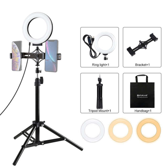 PULUZ 70cm Tripod Mount +  Live Broadcast Dual Phone Bracket + 6.2 inch 16cm LED Ring Vlogging Vi...