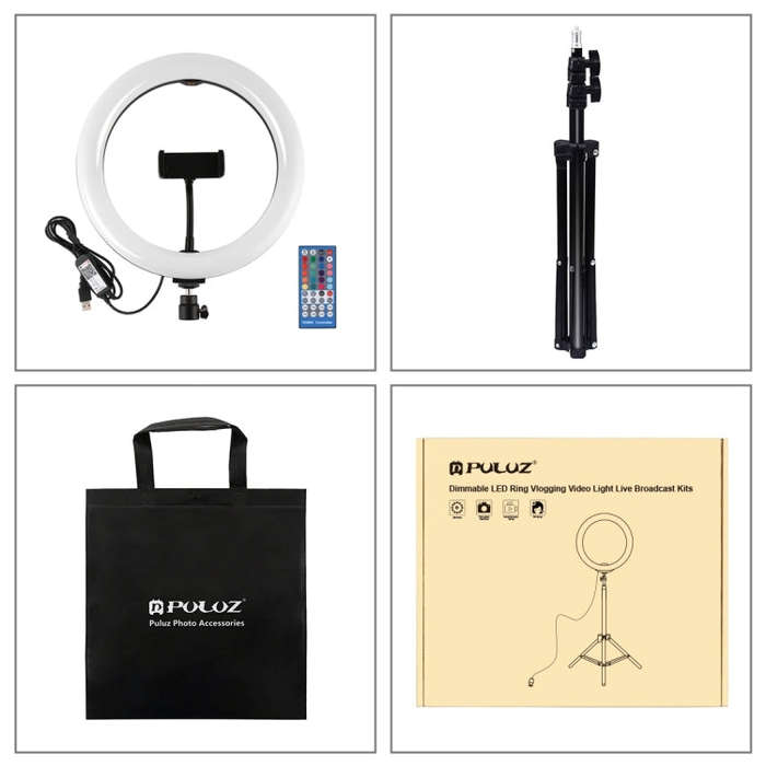 PULUZ 1.1m Tripod Mount + 10.2 inch 26cm RGBW LED Ring Vlogging Video Light  Live Broadcast Kits ...