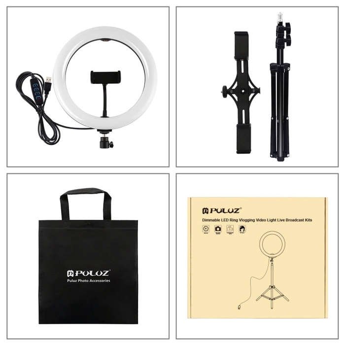PULUZ Dual Phone Brackets Horizontal Holder + 1.1m Tripod Mount + 10.2 inch 26cm LED Ring Vloggin...