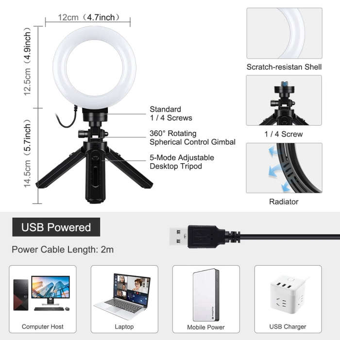 PULUZ 4.7 inch 12cm USB 3 Modes Dimmable LED Ring Vlogging Photography Video Lights + Pocket Trip...