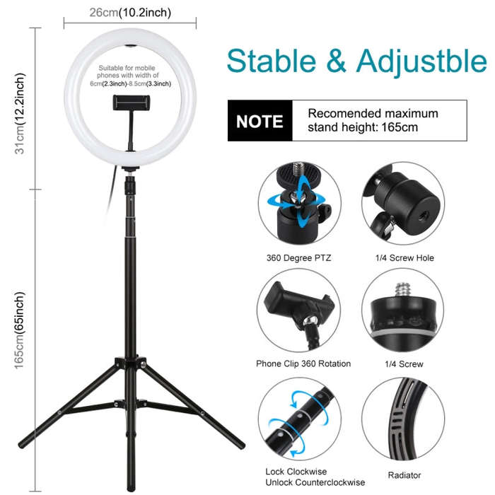 PULUZ 10.2 inch 26cm Light + 1.65m Tripod Mount Curved Surface USB 3 Modes Dimmable Dual Color Te...